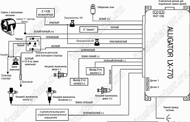 Схема подключения автосигнализации  Alligator LX-770