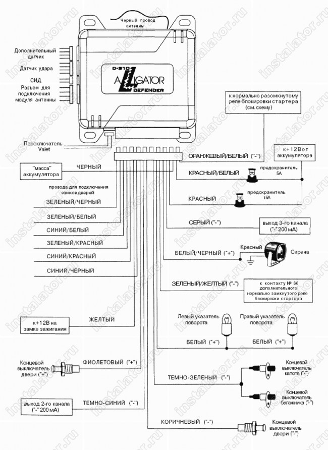 Схема подключения автосигнализации  Alligator D-810