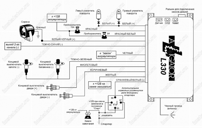 Схема подключения автосигнализации  Alligator L-330