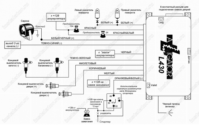 Схема подключения автосигнализации  Alligator L-430