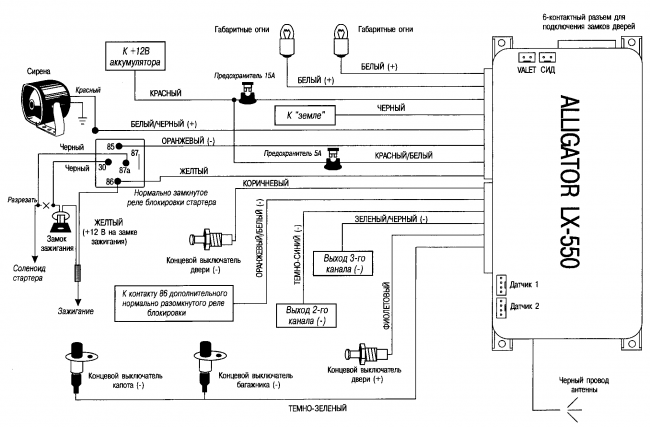 Схема подключения автосигнализации  Alligator LX-550