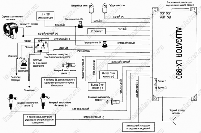 Схема подключения автосигнализации  Alligator LX-990