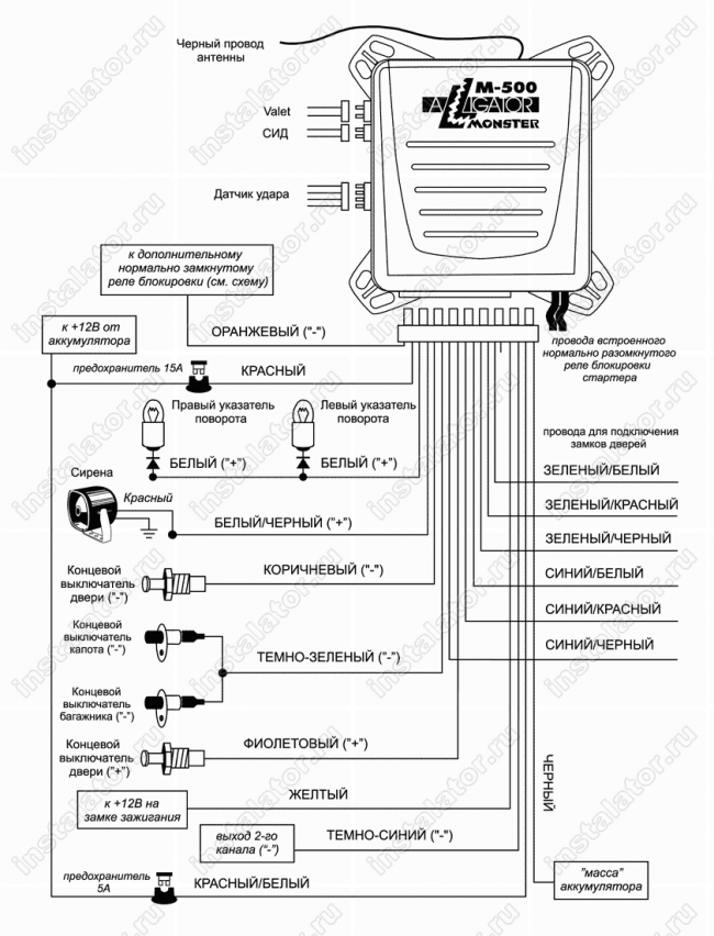 Схема подключения автосигнализации  Alligator M-500