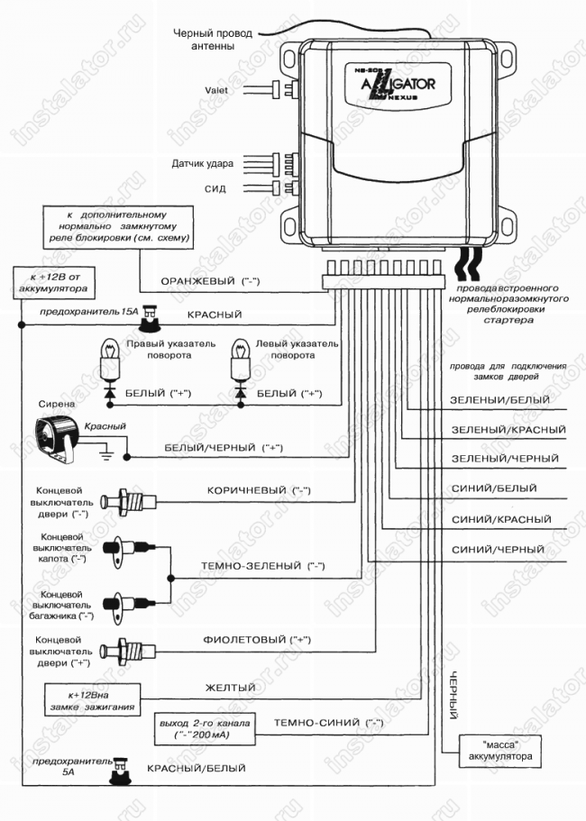 Схема подключения автосигнализации  Alligator NS-205