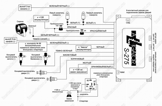 Схема подключения автосигнализации  Alligator S-275