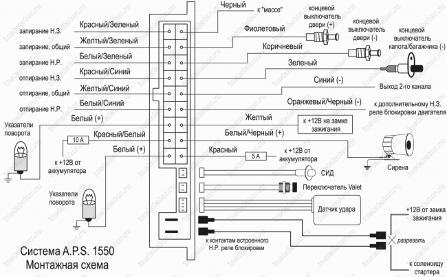 Схема подключения автосигнализации  A.P.S 1550