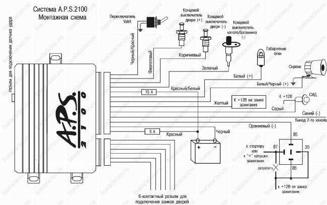 Схема подключения автосигнализации  A.P.S. 2100