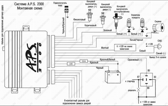 Схема подключения автосигнализации  A.P.S. 2300