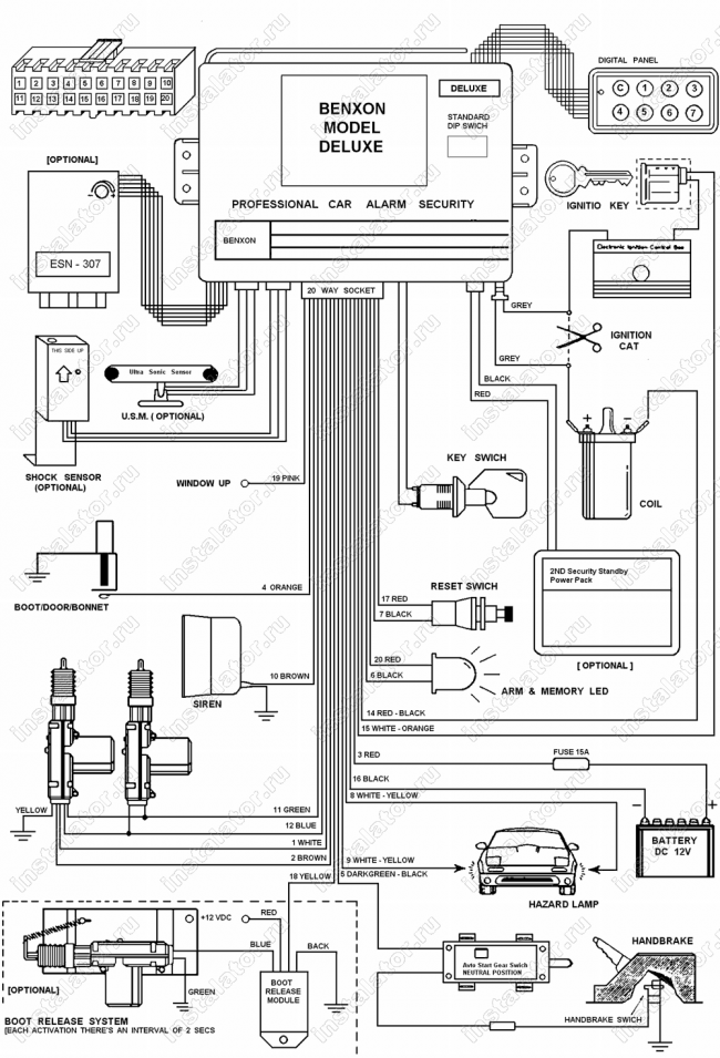 Схема подключения автосигнализации  Benxon Deluxe