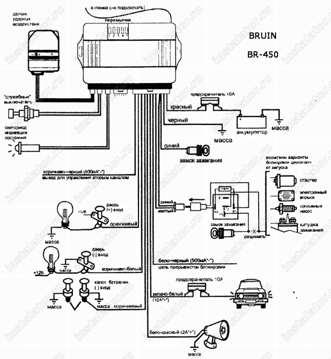 Схема подключения автосигнализации  Bruin BR-450
