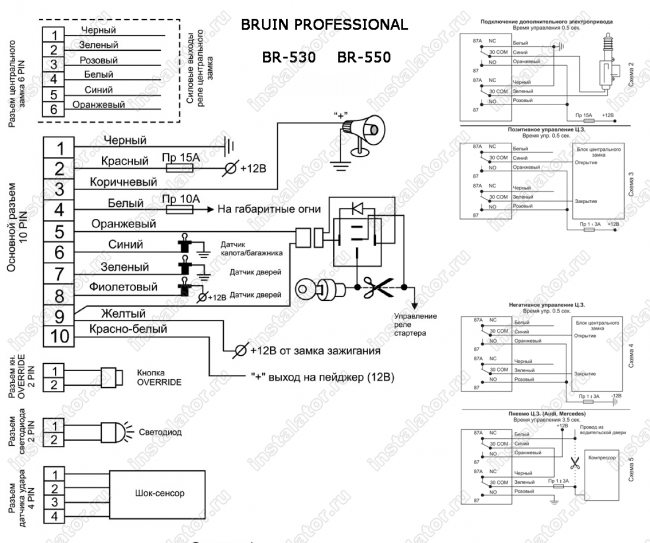 Схема подключения автосигнализации  Bruin BR-530