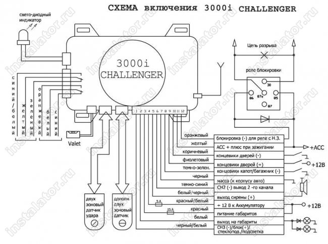 Схема подключения автосигнализации  Challenger 3000i