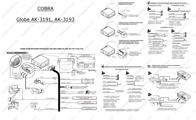 Схема подключения автосигнализации  Cobra Globe Ak-3191