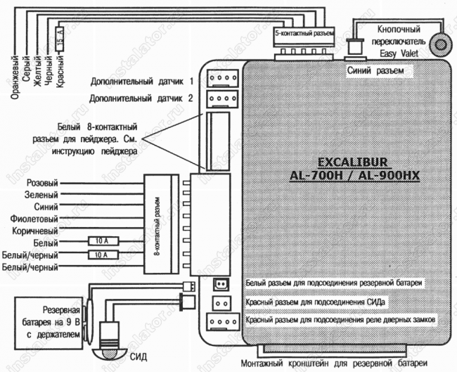 Схема подключения автосигнализации  Excalibur Al-700h
