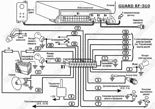 Схема подключения автосигнализации  Guard RF-310