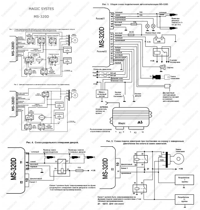 Схема подключения автосигнализации  Magicsystems MS-320D