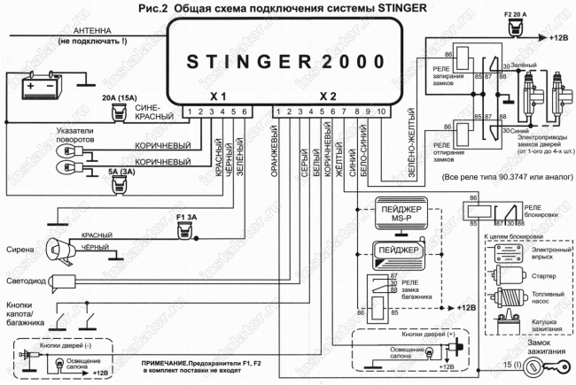 Схема подключения автосигнализации  Magicsystems Stinger-2000