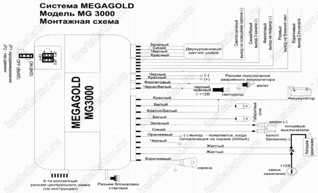 Схема подключения автосигнализации  Megagold MG3000