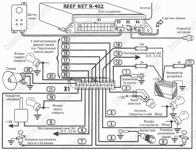 Схема подключения автосигнализации  Reef Net R402