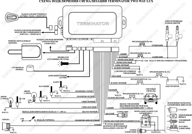 Схема подключения автосигнализации  Terminator TWO WAY LUX